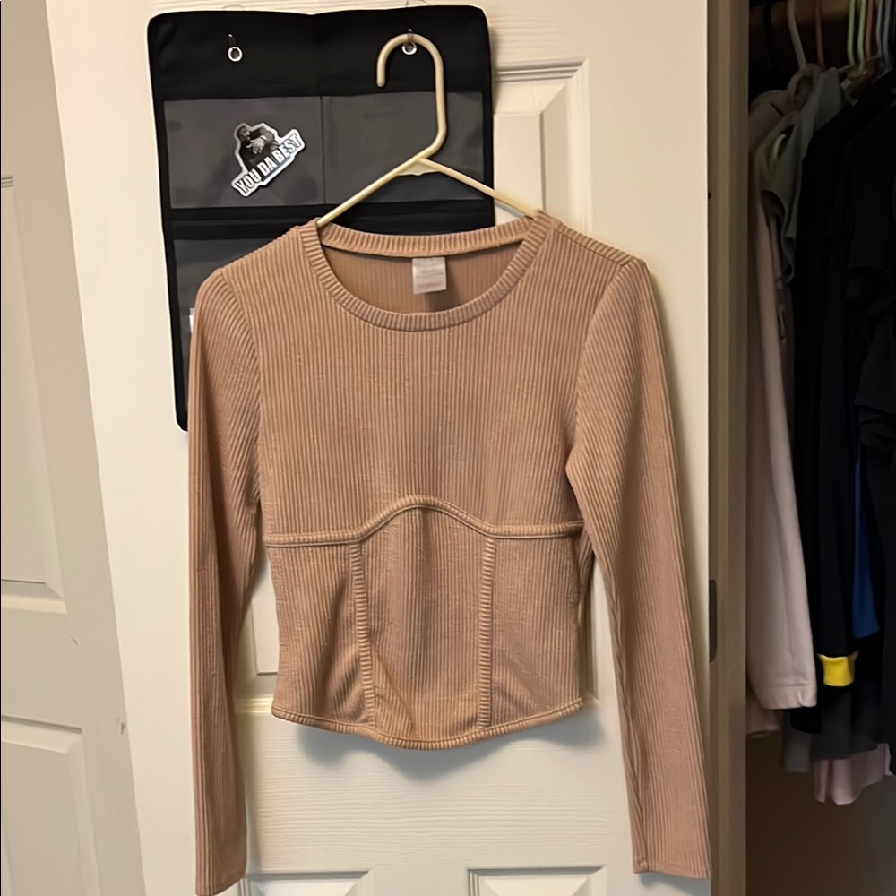 Women's Tan Ribbed Long Sleeve Top